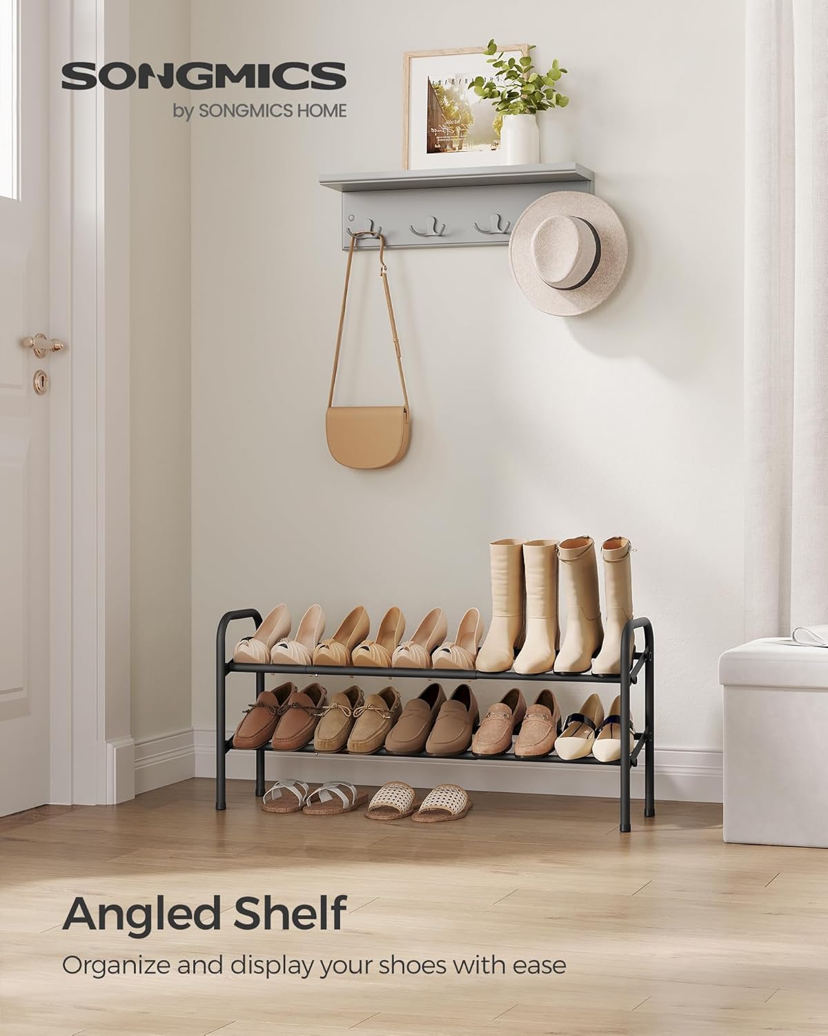 SONGMICS Expandable Shoe Rack - Adjustable 2-Tier Organizer for 15 Pairs - Metal Free Standing, Ink Black