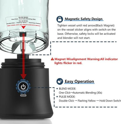 DENOKIN Portable Blender - Cordless 20oz Personal Size Blender for Shakes & Smoothies | Elegant Black with 6 Blades & Travel Lid
