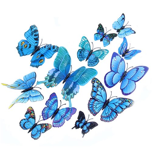 Butterflies Decoration, BOPART 24Pcs 3D Butterfly Decals Stickers for Party Decoration, Blue Butterflies Wall Decor Magnetic Butterfly for Crafts (12 Styles at 4 Sizes in Double Wings)
