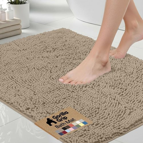 GORILLA GRIP Bath Rug Mat - Thick Absorbent Chenille | Quick-Dry Microfiber, 48x17, Gray Beige