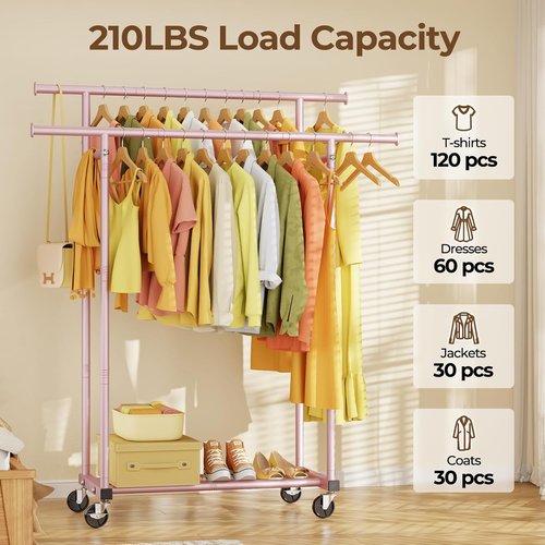HYSEYY Double Rod Clothes Rack - Sturdy Portable Metal Garment Rack for Bedroom & Laundry | Pink