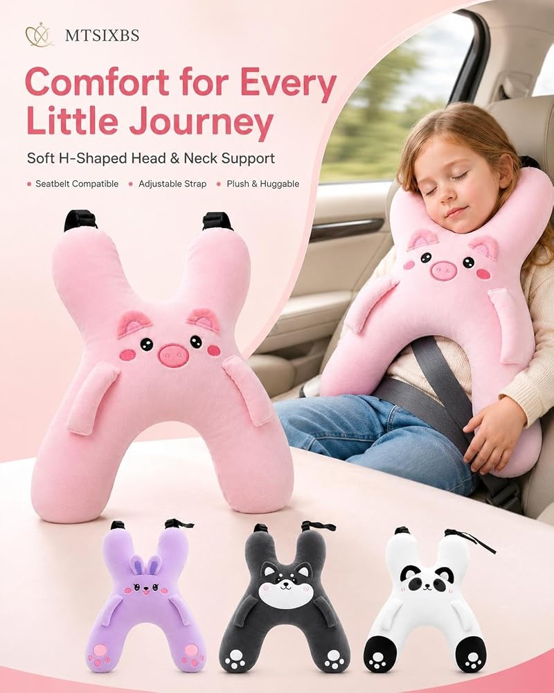 Kids Travel Neck Pillow H-Shaped Comfort Soft Plush with Seatbelt Slot White 1PC