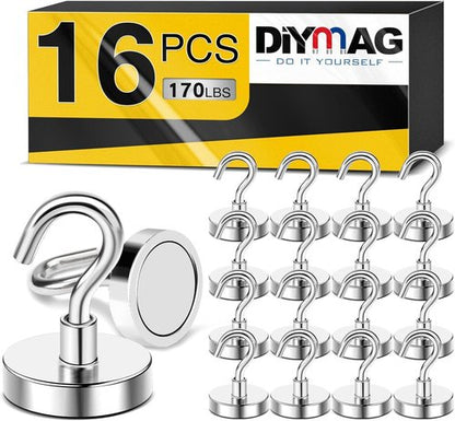 DIYMAG Magnetic Garage Hooks - Heavy Duty 170lbs Capacity | 16 Pack for Kitchen & Classroom Use