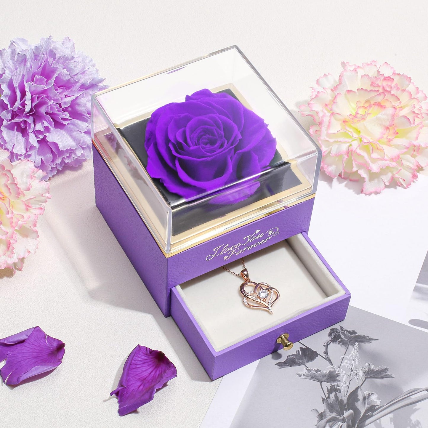 WILDLOVE Forever Real Rose with Heart Necklace, Preserved Flowers Gifts for Mom, Wife and Girlfriend on Christmas, Valentine's Day, Mother's Day, Birthday for Women Her - Purple