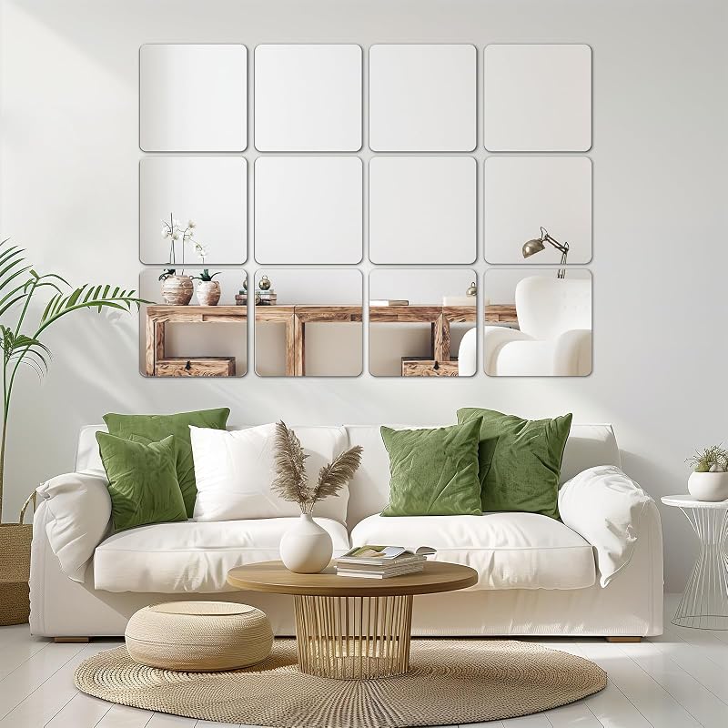 12-Inch Square Acrylic Mirror Tiles - 12Pcs Self-Adhesive Mirror Sheets for DIY Decor