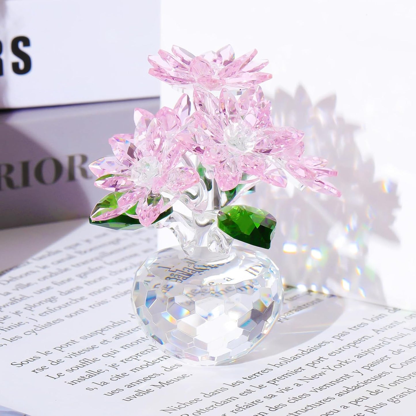 YWHL Pink Crystal Flower Figurine - Handmade Glass Decor Gift for Women | Beautiful Table Centerpiece