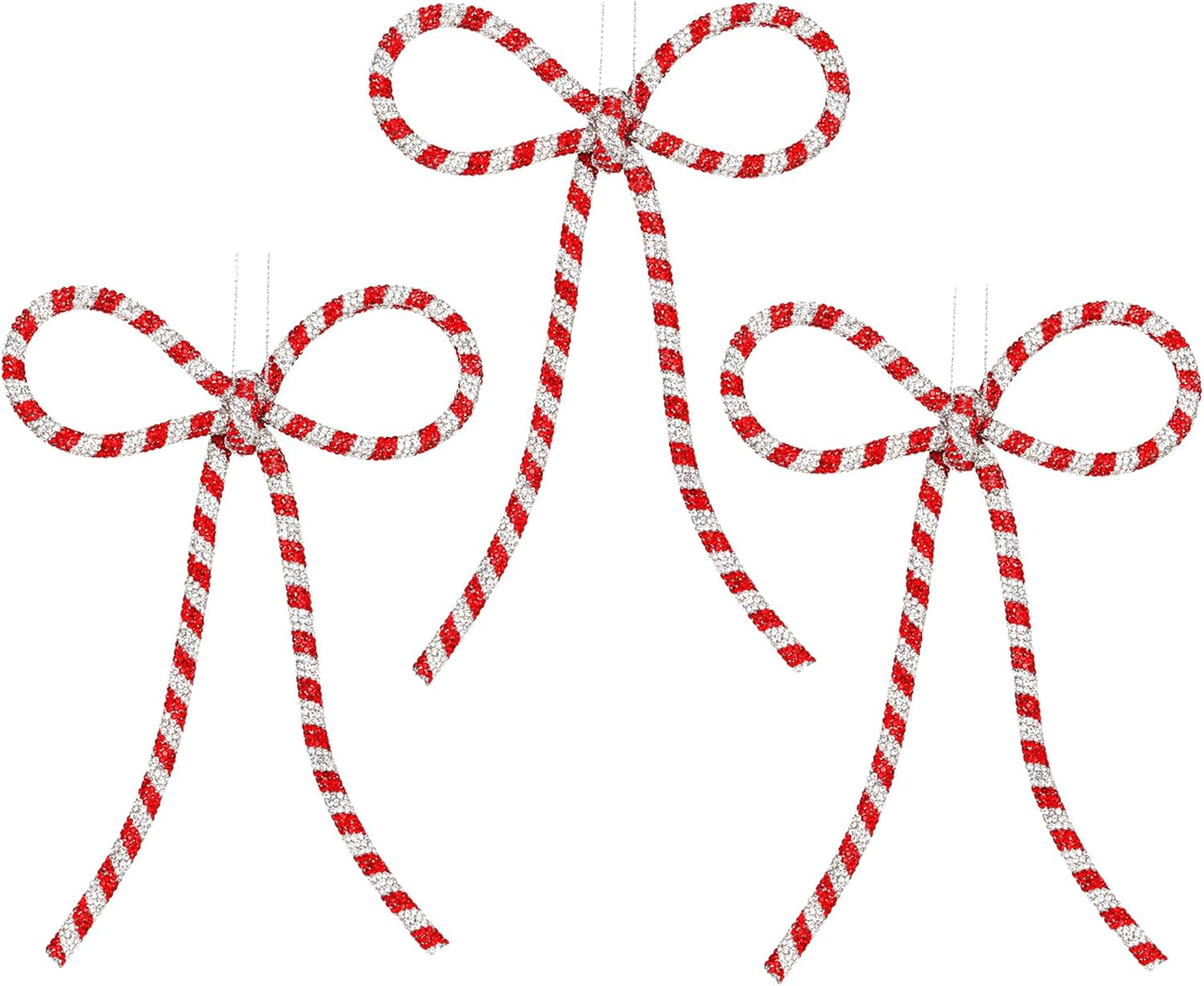 Regine Switzerland Handmade Rhinestone Christmas Bow Ornaments - Glitter Candy Cane Design | Red & Silver, Small, Reusable Holiday Décor