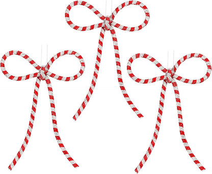Regine Switzerland Handmade Rhinestone Christmas Bow Ornaments - Glitter Candy Cane Design | Red & Silver, Small, Reusable Holiday Décor