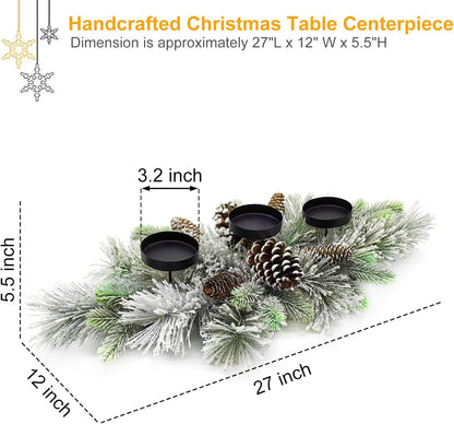 Skiennix Christmas Table Centerpiece - 27.5 Inch Flocked Pine Needles & Frosted Pine Cones | Snowy Design