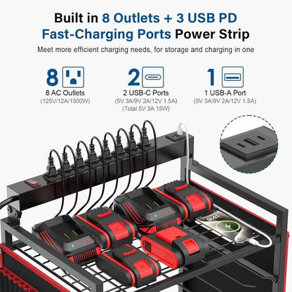 JUNNUJ Power Tool Organizer Cart - Heavy Duty Rolling Storage with 8 Outlets & 3 USB Ports | Floor Rack on Wheels