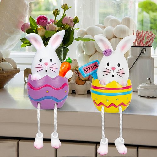 Lulu Home Easter Bunny Figurines - 2 Pack Resin Egg Shelf Sitters with Dangling Legs | Modern Tabletop Decor