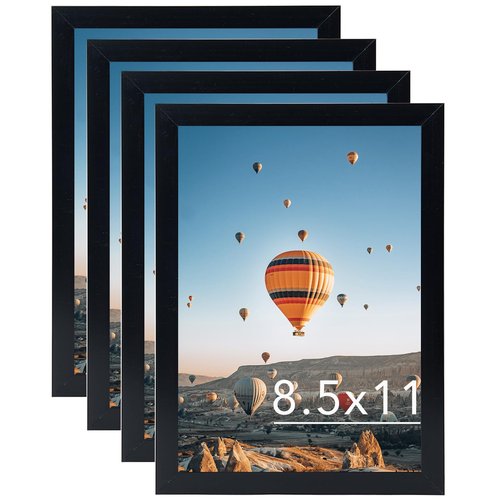 8.5x11 Picture Frame Set of 4 for Certificate Poster and Photo, Horizontal and Vertical Formats for Wall Hanging or Tabletop, 8.5x11 Wall Photo Frame with Shatter Resistant Plexiglass, 4 Pack, Black