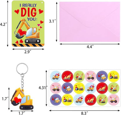 Fancy Land Valentine's Day Cards - 30 Pack Construction Theme with Keychains for Kids' Classroom Gifts