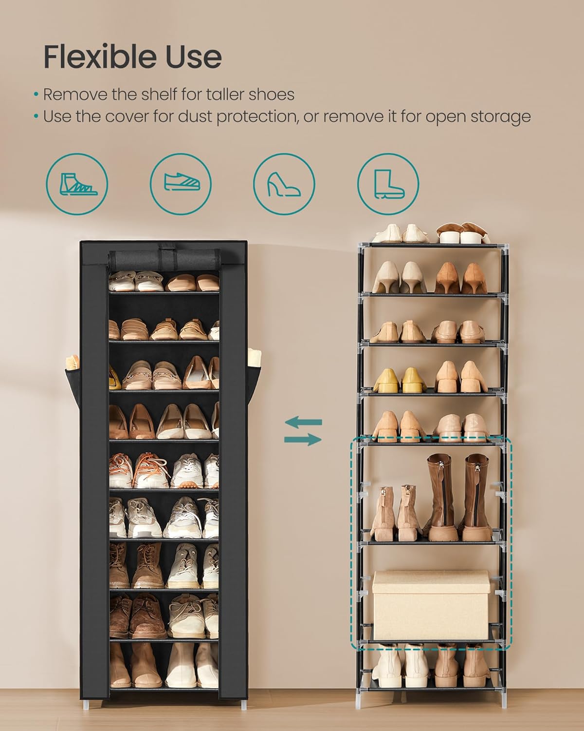 SONGMICS 10-Tier Shoe Rack - Dustproof Shoe Storage Cabinet | Holds 20 Pairs, Ideal for Sneakers & Heels, Black