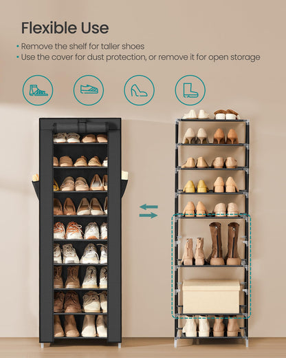 SONGMICS 10-Tier Shoe Rack, Shoe Storage Cabinet with Dustproof Cover, Free-Standing Storage Organizer for Closet, Entryway, Hold 20 Pairs of Shoes, for Sneakers, High Heels, Black URXJ034BH01