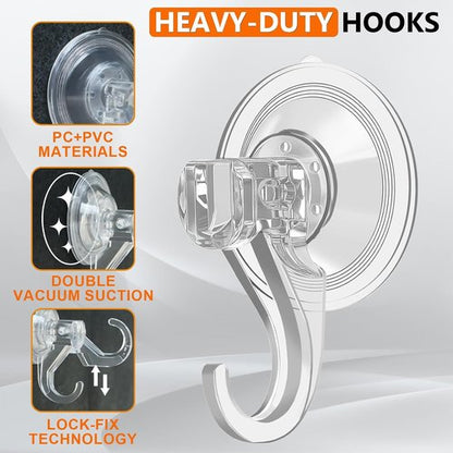 KORCCI Suction Cup Hooks - Heavy-Duty 10 LB Load Capacity | Reusable & Removable Clear Hooks, 2 Pack