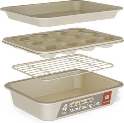 Bakken Nonstick Carbon Steel Bakeware Set - 4-Piece Space-Saving & Dishwasher Safe | White Marble, Oven Safe Up To 450°F