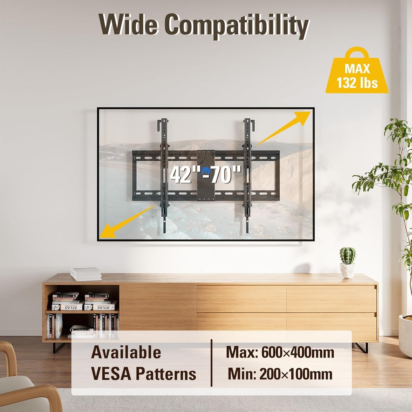 Mounting Dream Tilt TV Wall Mount - Fits 42-70 Inch TVs | Tilts Up to 20° | VESA 200x100 to 600x400mm | 132 lbs Capacity