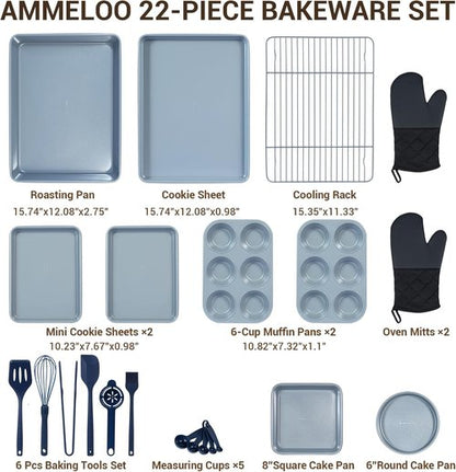 Ammeloo 22-Piece Non-Stick Baking Pans Set - Stackable Bakeware with Oven Mitts & Utensils | Gray & Navy Blue