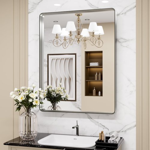 LOAAO 24X36 Inch Brushed Nickel Bathroom Mirror, Rounded Rectangle Silver Metal Frame Mirror, Brushed Nickel, Anti-Rust, Hangs Horizontally or Vertically
