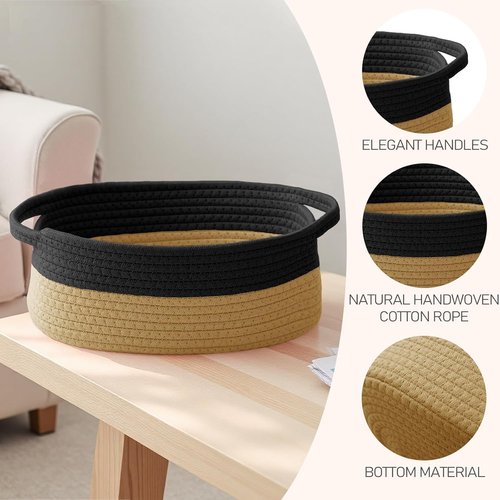 JMvicyroam Woven Basket - Small Rope Storage Bin with Handles for Organizing Shelves | Black & Jute, 2 Pack