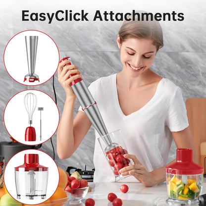 Skiennix Immersion Blender - 1100W Handheld Stick Blender Set with Variable Speed, Chopper, Whisk & Frother - Christmas Red