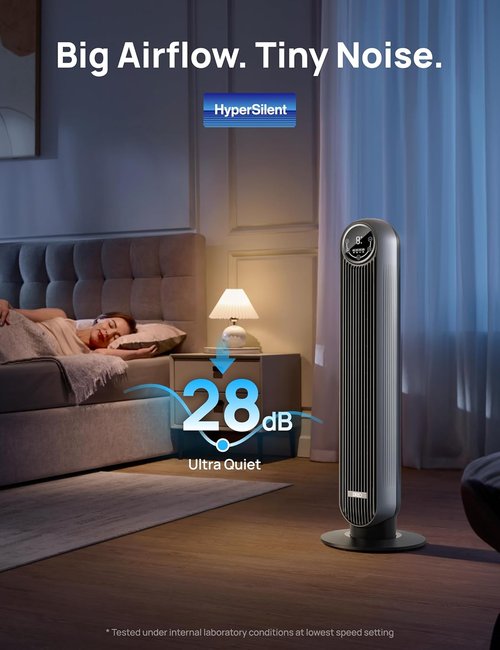 DREO Bladeless Tower Fan - Quiet 90° Oscillation, 4 Speeds & 8H Timer | Silver, Nomad One (DR-HTF007)