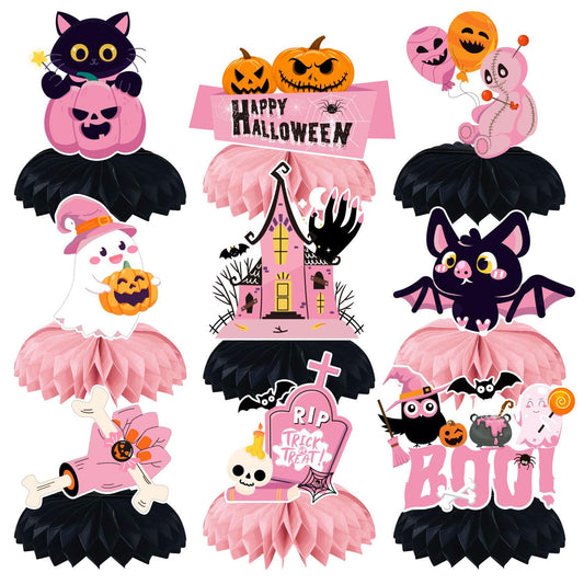 Dulousia Pink Black Halloween Honeycomb Centerpieces - 9pcs 3D Halloween Honeycomb Table Decorations, Cute Ghost Black Cat Spider Pink Pumpkins Castle Halloween Baby Shower Girls Birthday Table Decor