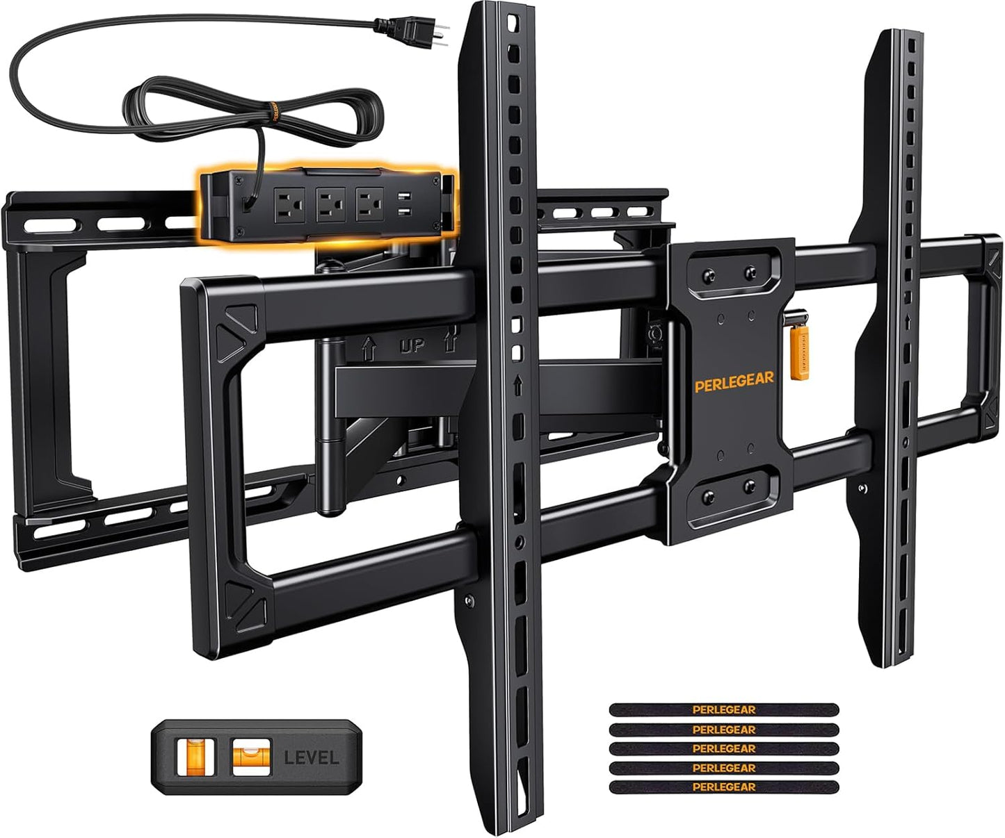 Perlegear Full Motion TV Wall Mount - Power Strip Included, Fits 42–90 Inch TVs Up to 150 lbs | Smooth Swivel & Tilt