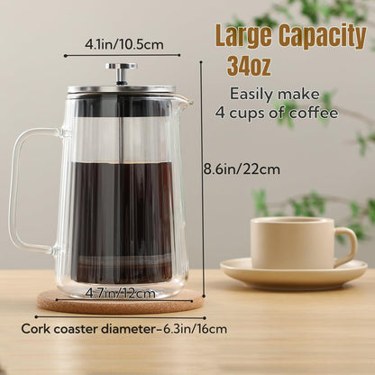 Skiennix Glass French Press Coffee Maker - 34oz Double Wall Borosilicate Glass | Stainless Steel Filtration for Coffee & Tea