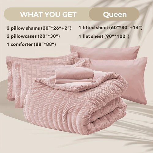 HYMOKEGE Rose Gold Queen Comforter Set - 7-Piece Luxury Bedding Set with Sheets, Pillowcases & Shams