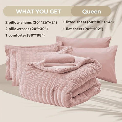 HYMOKEGE Rose Gold Queen Comforter Set - 7-Piece Luxury Bedding Set with Sheets, Pillowcases & Shams