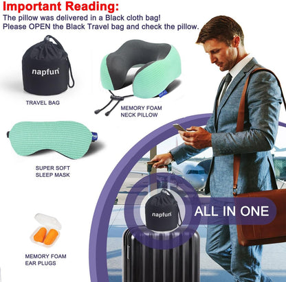 Napfun Neck Pillow - Memory Foam Travel Pillow with Pouch, Sleep Mask & Earplugs | Turquoise Striped Kit
