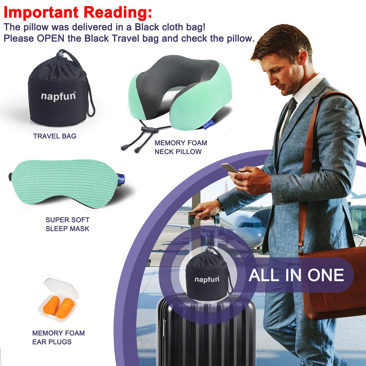 napfun Neck Pillow for Travel with Travel Pouch, Sleep Mask & Earplugs, Memory Foam Airplane Pillow for Headrest Sleep with Eyeshades, Plane Essentials with Eye Blindfold, Turquoise Striped Kit