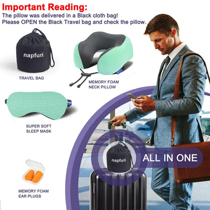 napfun Neck Pillow for Travel with Travel Pouch, Sleep Mask & Earplugs, Memory Foam Airplane Pillow for Headrest Sleep with Eyeshades, Plane Essentials with Eye Blindfold, Turquoise Striped Kit