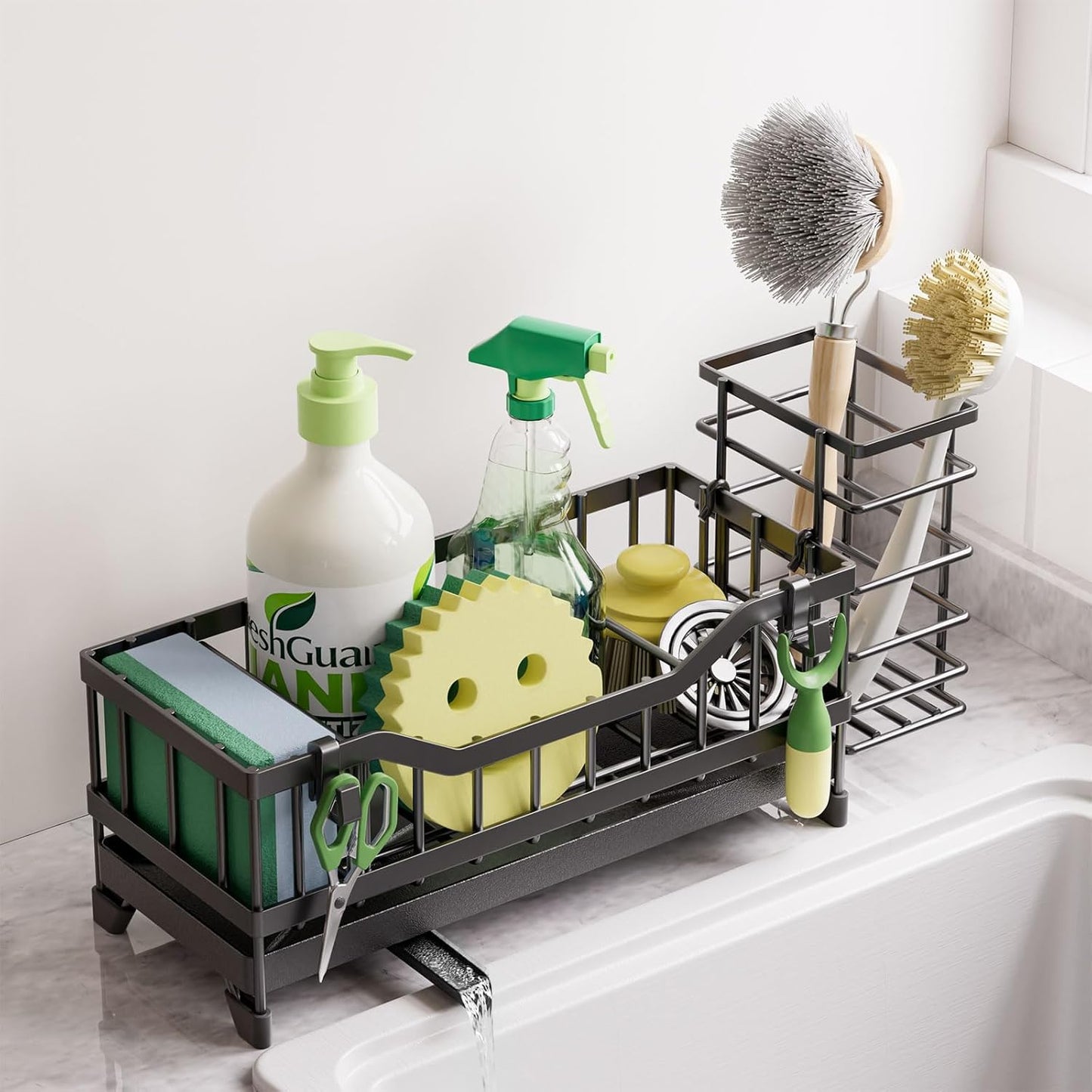 Skiennix Kitchen Sink Caddy - Rustproof Stainless Steel Sponge Holder & Dish Brush Organizer | Black
