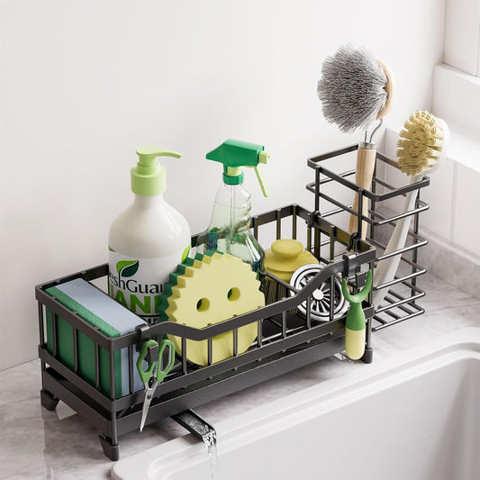 Skiennix Kitchen Sink Caddy - Rustproof Stainless Steel Sponge Holder & Dish Brush Organizer | Black