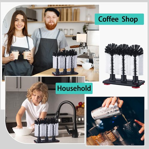 Havawish 2 Pack Water Bottle Cleaning Brush with Suction Base, 3 Head Bristle Bar Glass Washer for Sink, Cup Washer Brush Cleaner for Bar Beer Cup, Wine Glass(7.3 x 3.7 x 7.5)