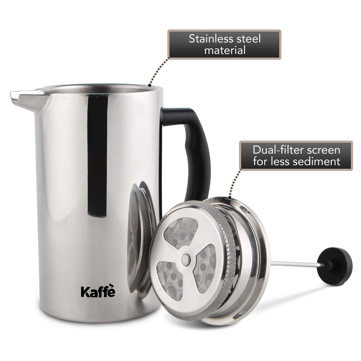 Kaffe Stainless Steel French Press Coffee Maker (27oz / 0.8L) - Double-Wall Insulated Coffee Press Stainless Steel - Travel & Camping Coffee Maker - Homemade French Press Coffee - Coffee Gift