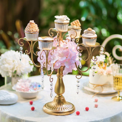 Sziqiqi Gold Candelabra Centerpiece - 5 Arm Pillar Candle Holder with Crystal Beads for Weddings & Holidays