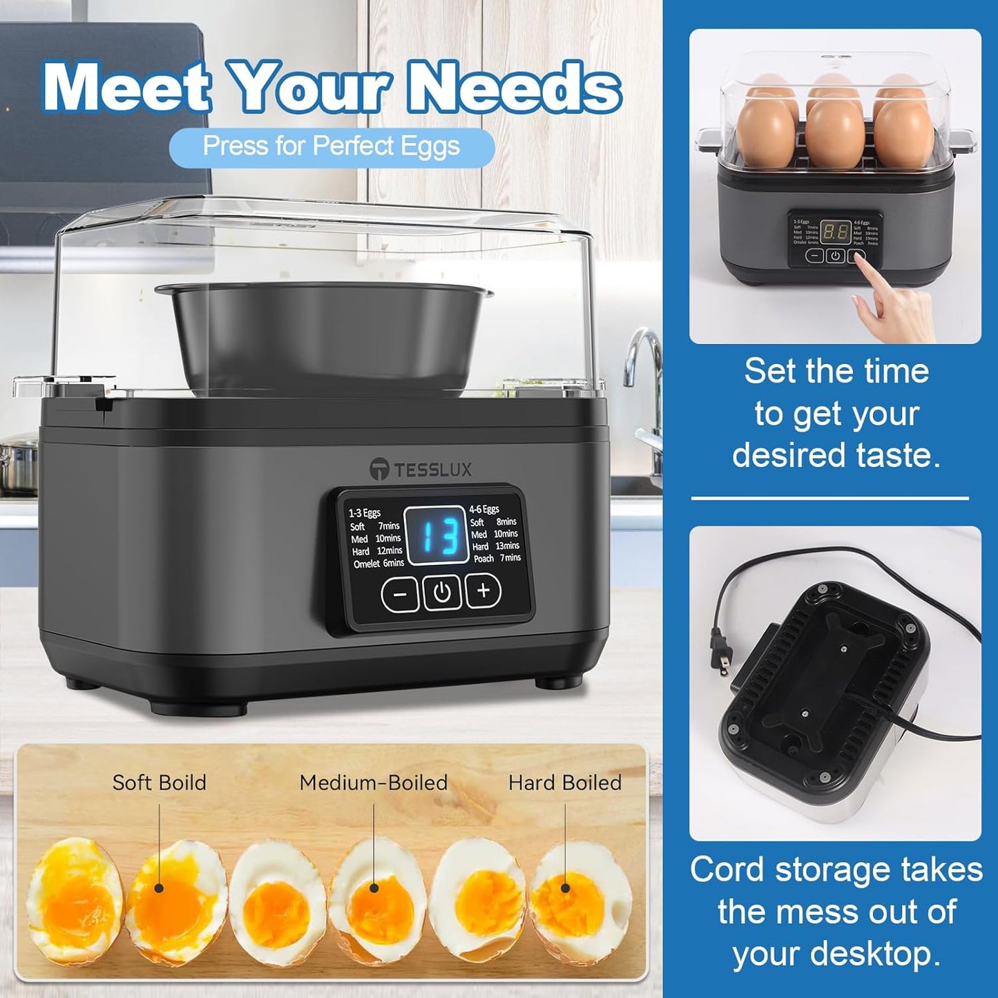 Tesslux Electric Egg Cooker - 6 Egg Capacity for Hard Boiled, Poached, & Scrambled Eggs | Auto Shut Off (Gray)