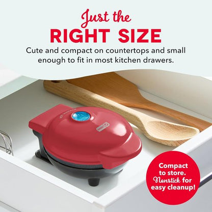 Dash Mini Waffle Maker - Compact Electric Iron for Creative Treats - Nonstick & Easy to Clean - Red