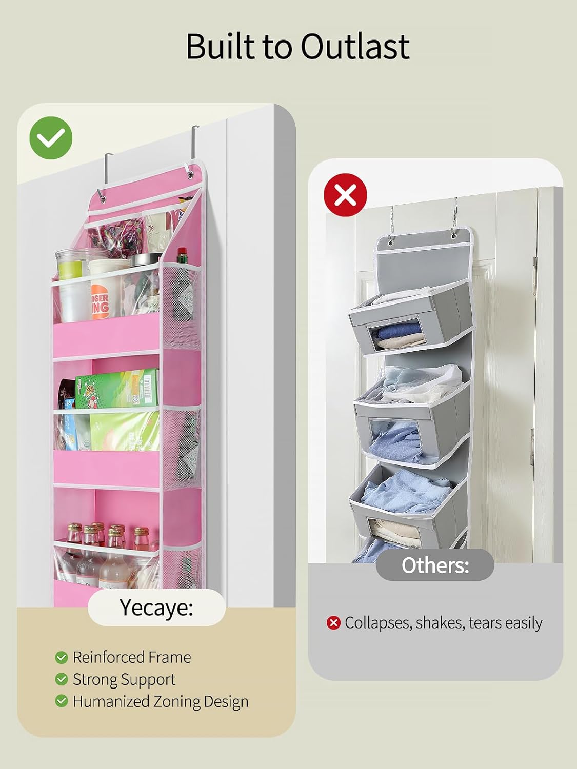 Yecaye 5-Tier Over The Door Organizer - Swing-Proof Hanging Storage with Clear PVC Windows | Bubblegum Pink