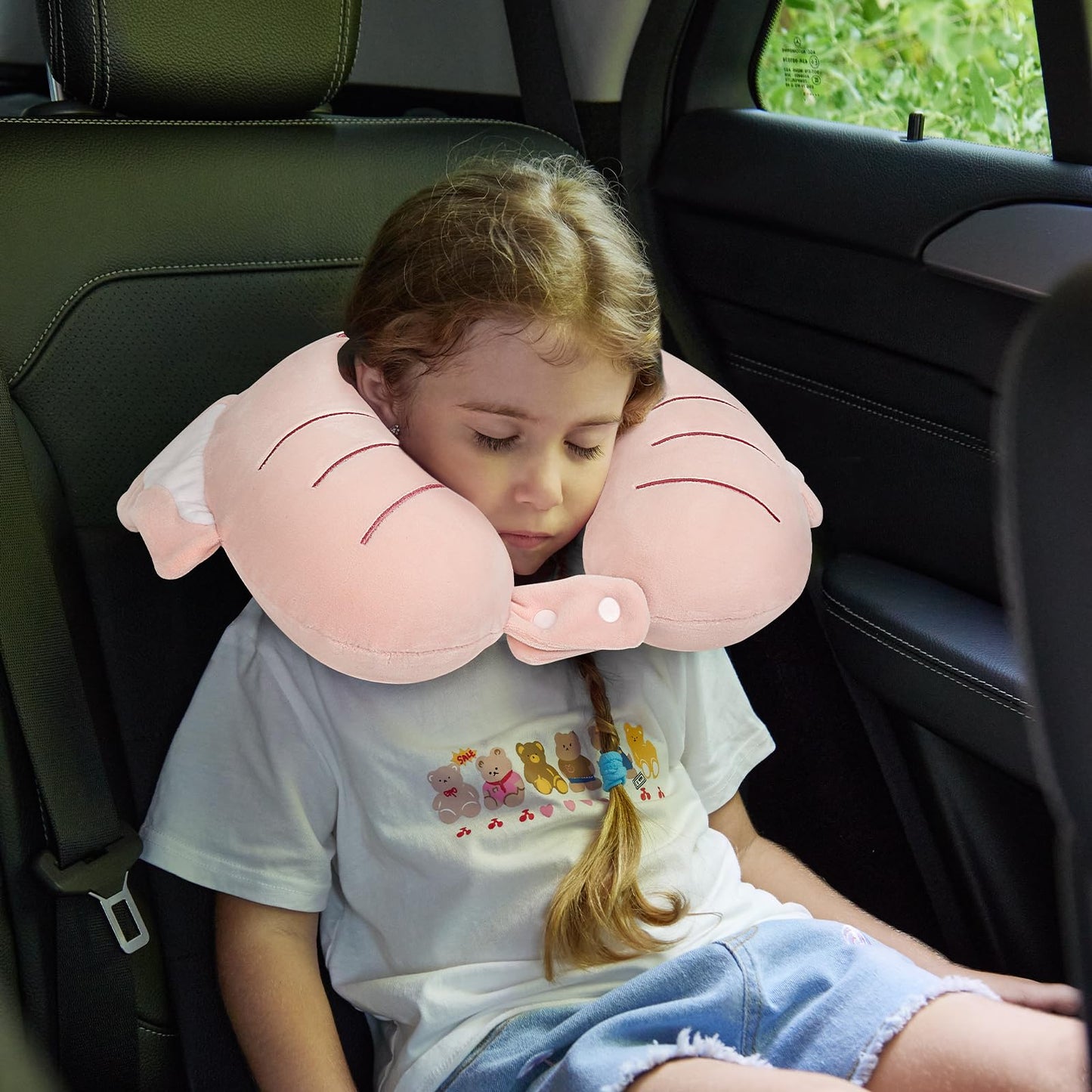 urnexttour Kids Neck Pillow for Traveling, Adujstable Airplane Pillow with Travel Bag, Best Memory Foam Neck Support Pillows for Sleeping Rest, Car, Train and Home Use - Pink Elephant