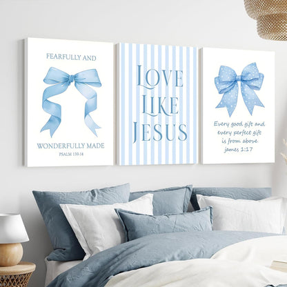 Blue Bow Jesus Canvas Wall Art - Inspirational Bible Verse Decor for Dorm Room | 12x16 Inch Framed