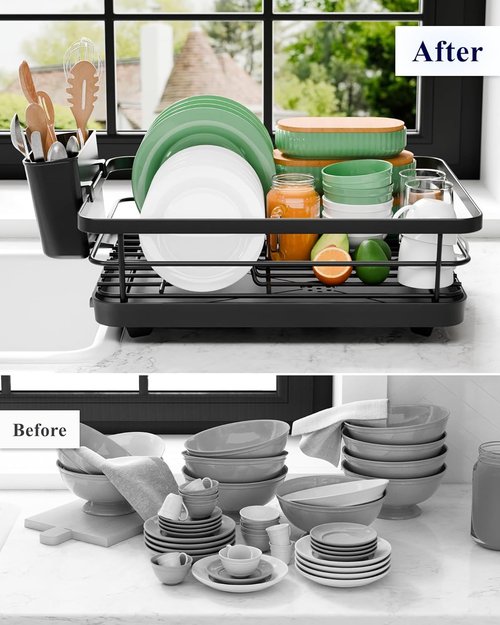 Kitsure Dish Drying Rack - Compact & Adjustable Rust-Proof Kitchen Rack with Utensil Holder | 14.5" x 12" x 4", Black