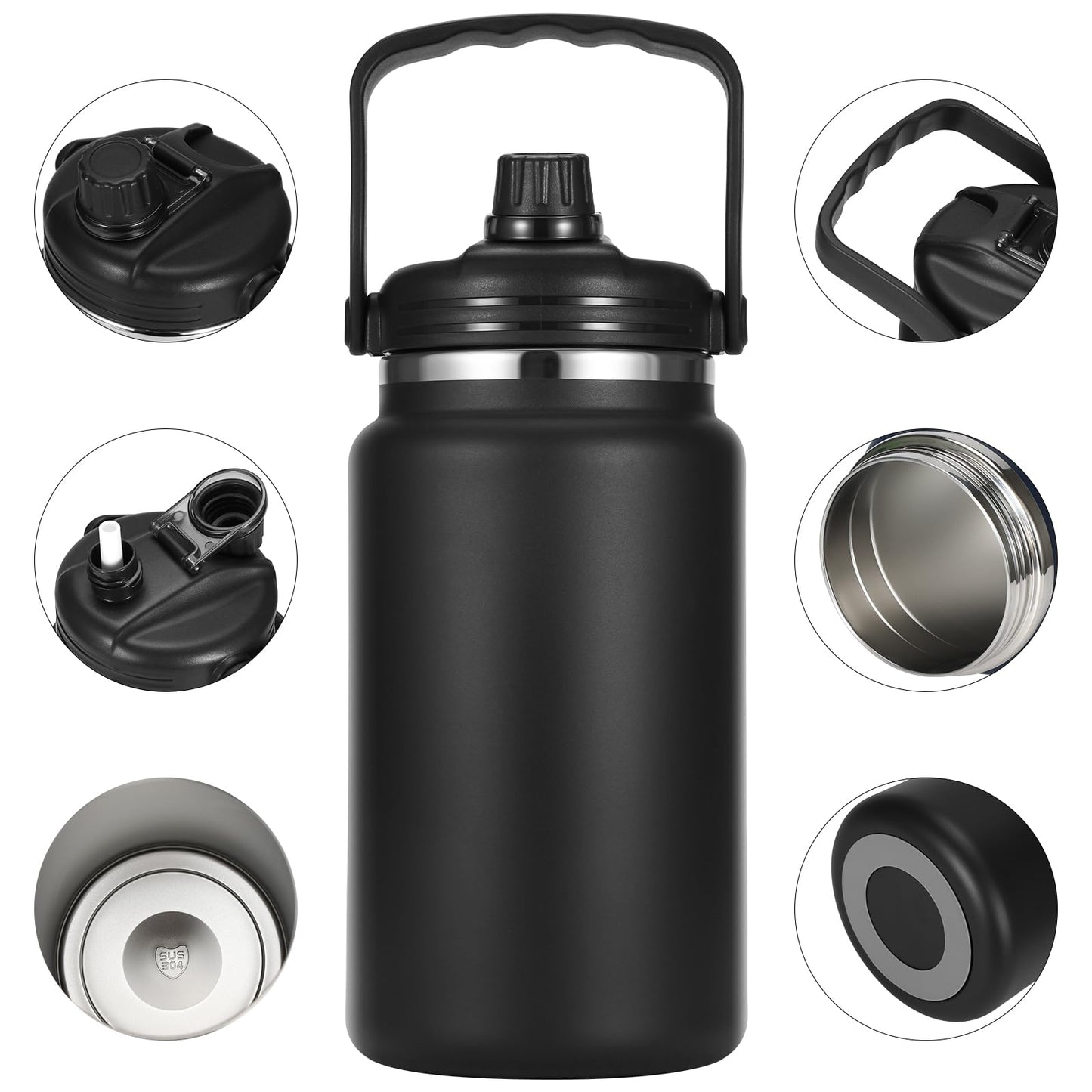 Olerd 135oz/1 Gallon Coffee Insulated Thermoses for Travel - Large Insulated Water Jug Classic Vacuum Bottle with Straw - 4.0L Stainless Steel Ice buckets for Hiking Fishing（Black）