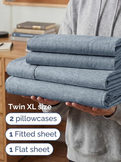 Extra Deep Twin XL Sheet Set - 4 Piece Breathable and Cooling Sheets - Hotel Luxury Bedding for Women, Men, Kids & Teens - Easy Secure Fit - Soft & Wrinkle Free - Extra Deep Pockets - Heathered Blue
