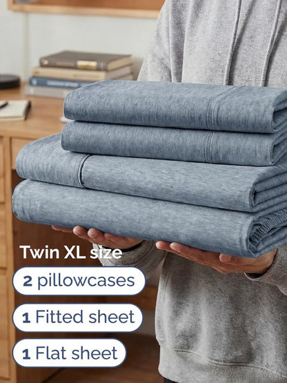 Extra Deep Twin XL Sheet Set - 4 Piece Breathable and Cooling Sheets - Hotel Luxury Bedding for Women, Men, Kids & Teens - Easy Secure Fit - Soft & Wrinkle Free - Extra Deep Pockets - Heathered Blue