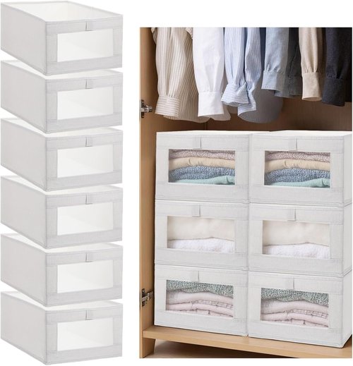Foldable Linen Closet Organizers by [Brand Name] - Clear Window Storage Bins for Clothing & Towels | 6 Pack, Beige